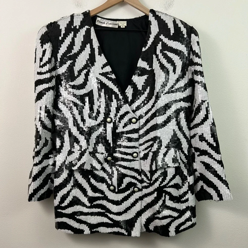 Vintage French Collizioni Zebra Silk  Sequin Double Breasted Blazer Womens Large